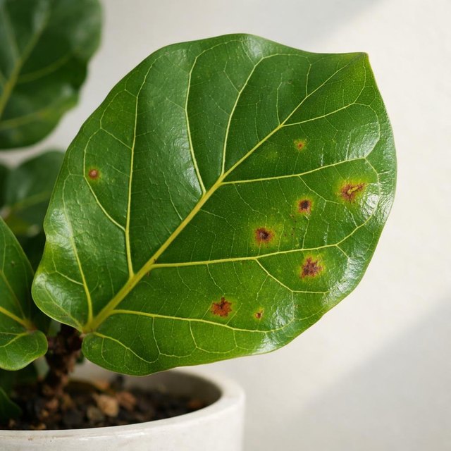 Close-up ficus leaf sample photo with small stress spots for the FloriZen demo.