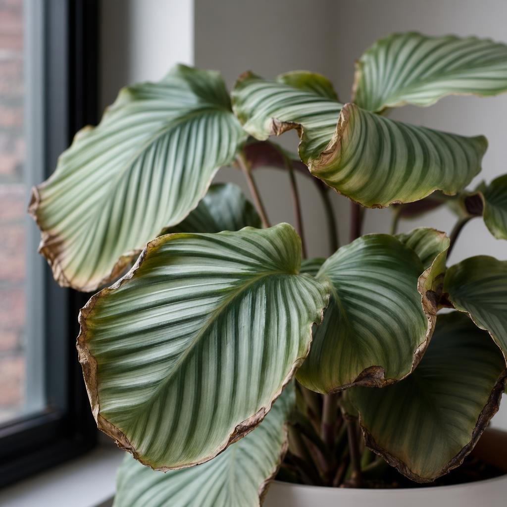 Calathea leaves curling slightly near a window.