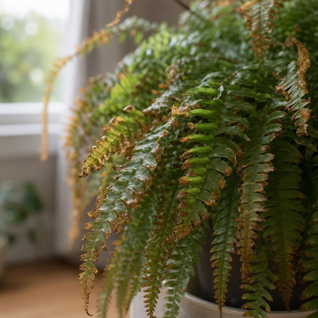 Boston fern fronds with crisp brown edges.