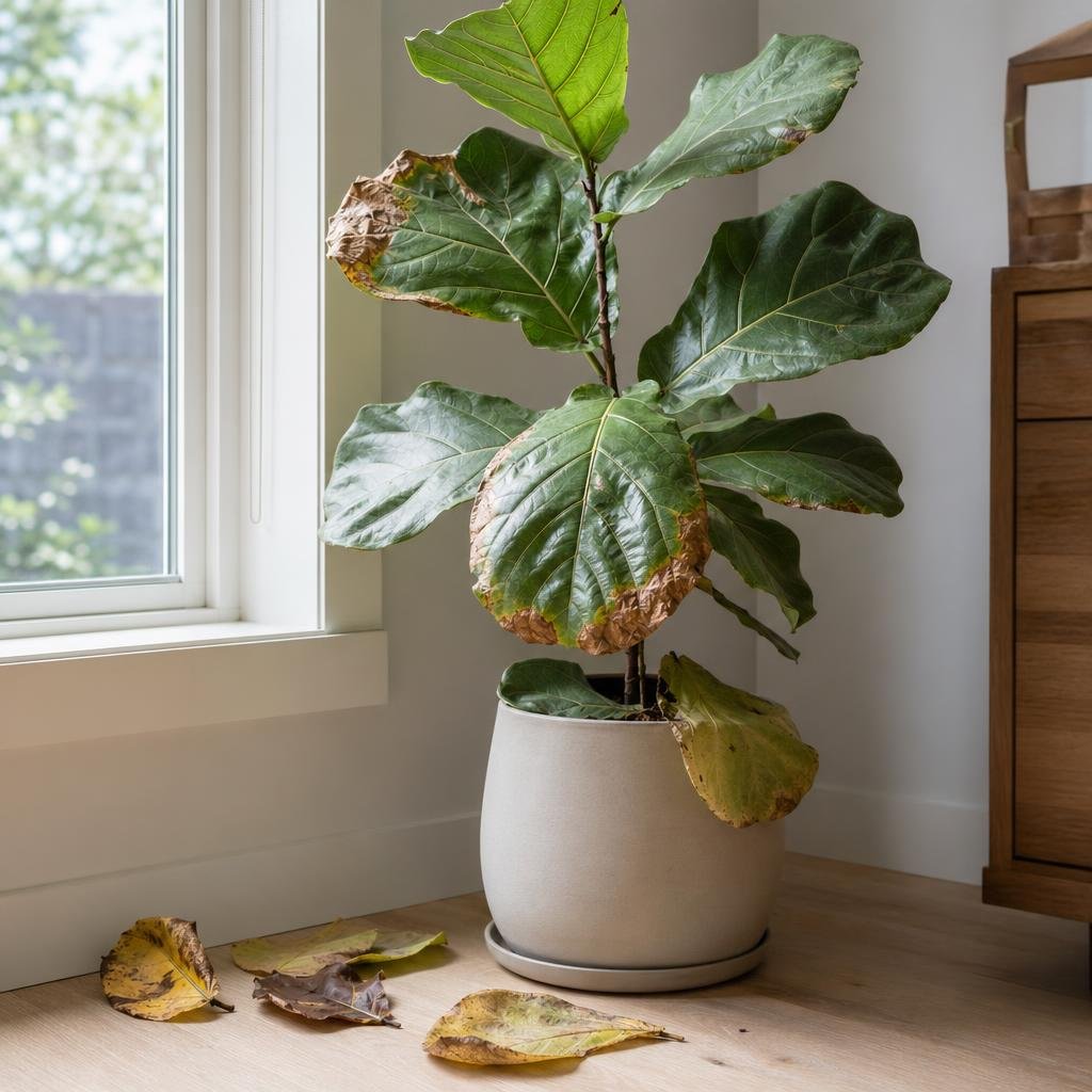Ficus lyrata plant beside a window with a few stressed leaves.