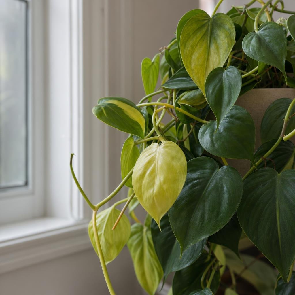 Heartleaf philodendron with pale new leaves.